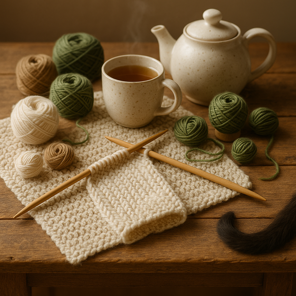 Thé et tricot sur table en bois